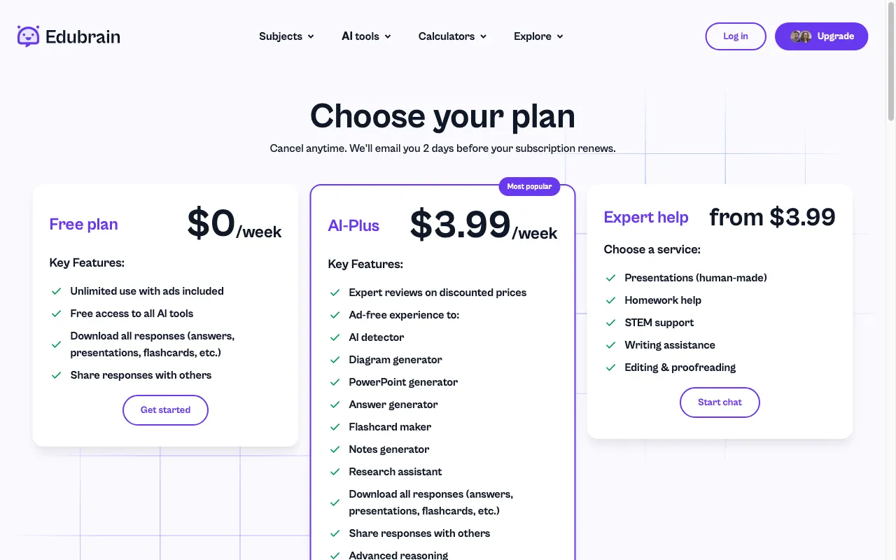Edubrain AI Homework Helper — pricing page