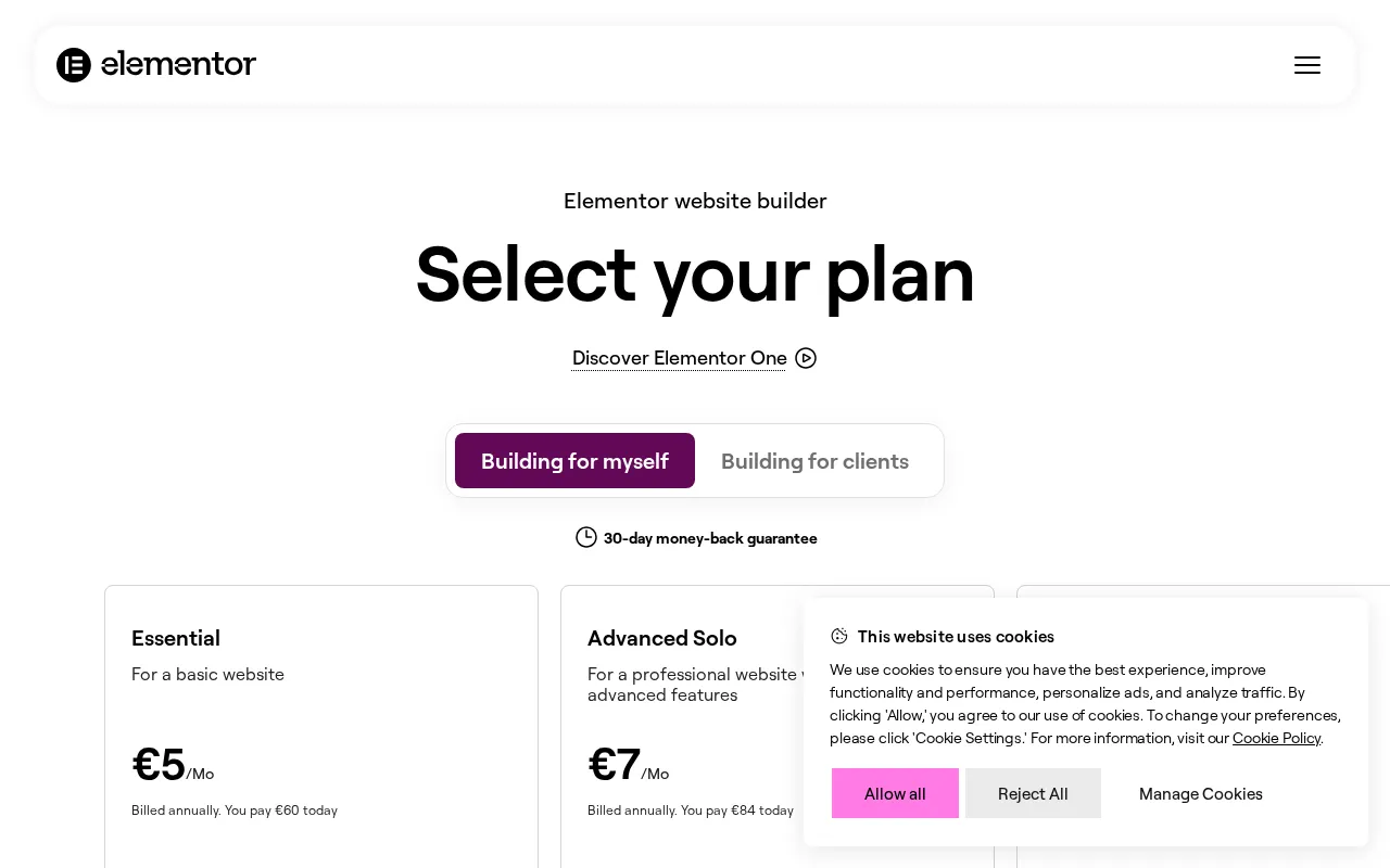 Elementor — pricing page