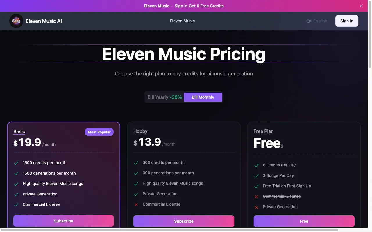 Eleven Music — pricing page