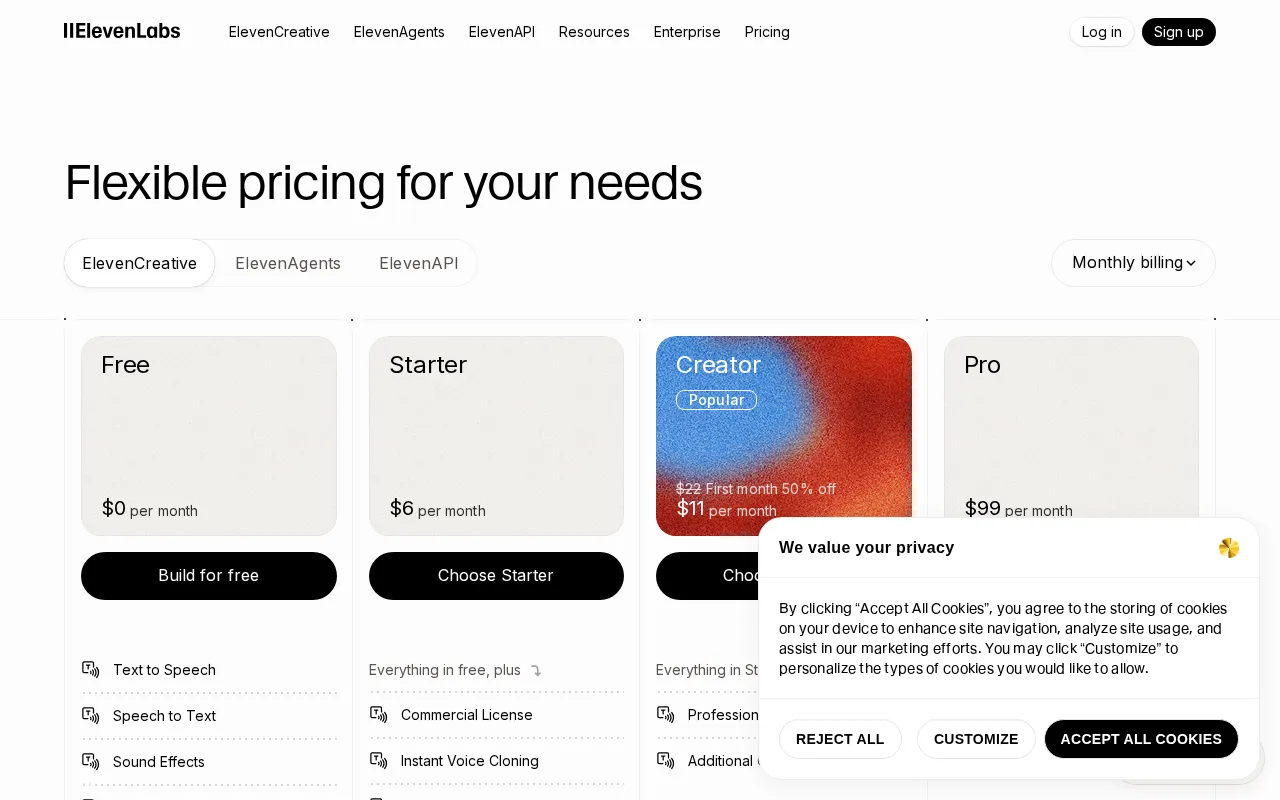 ElevenLabs — pricing page