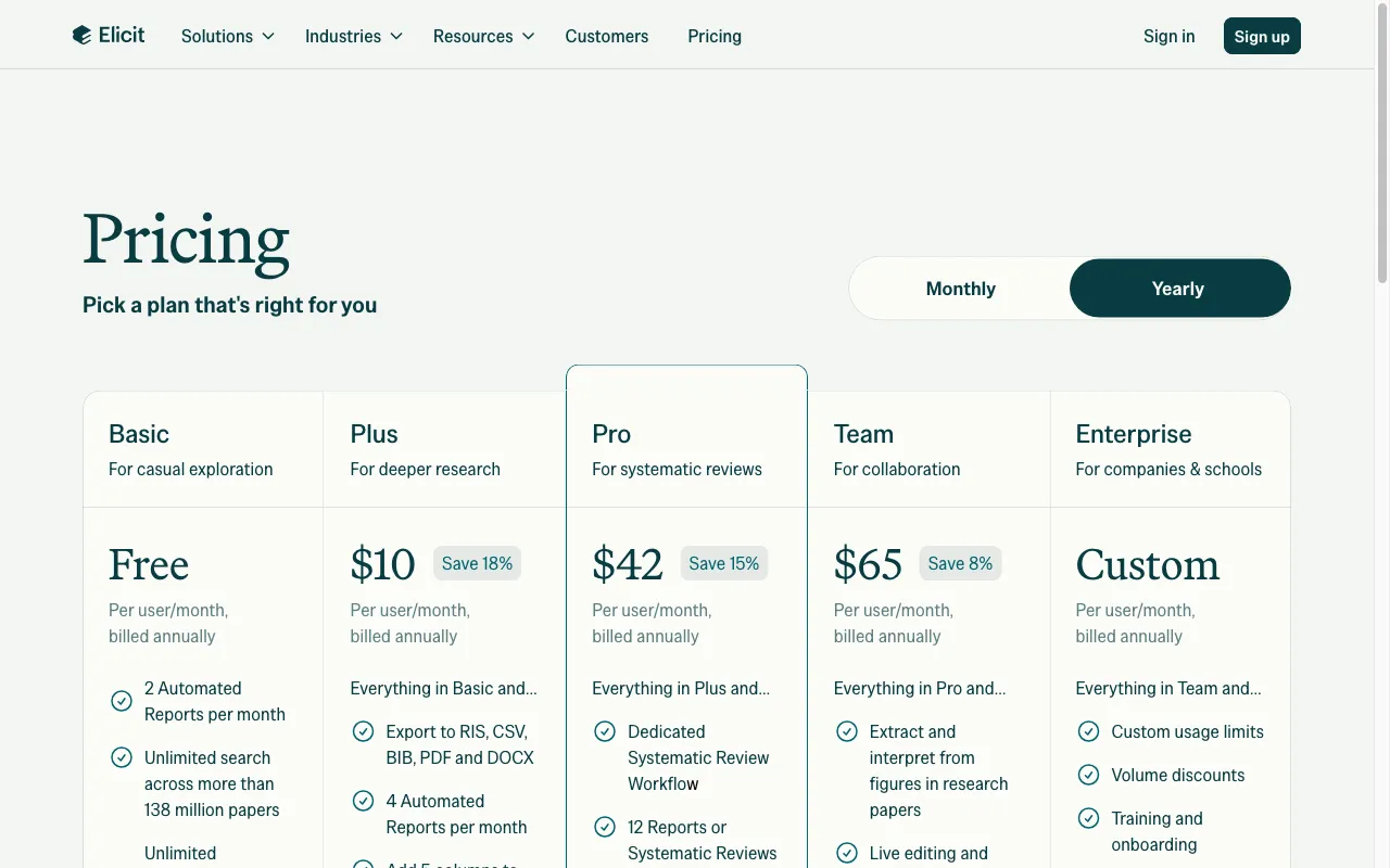 Elicit — pricing page