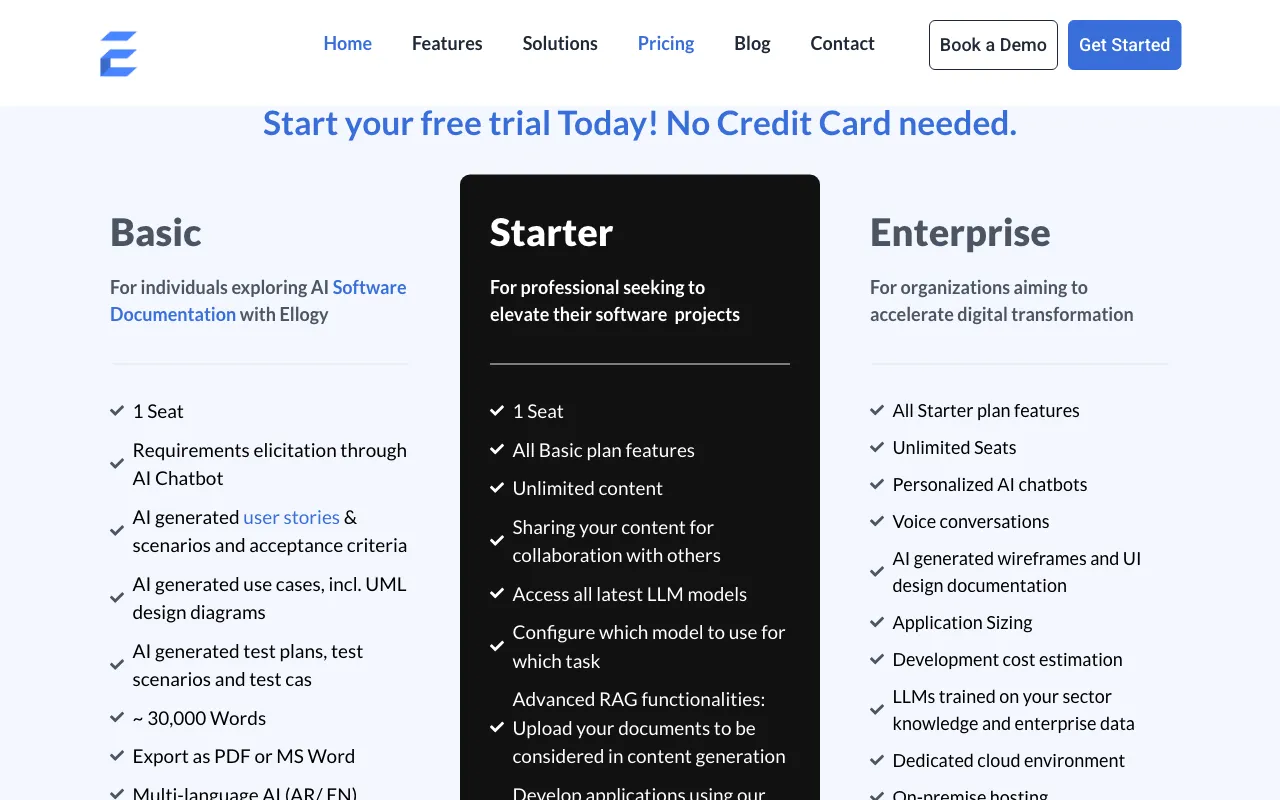 Ellogy, AI-Powered Software Factory — pricing page
