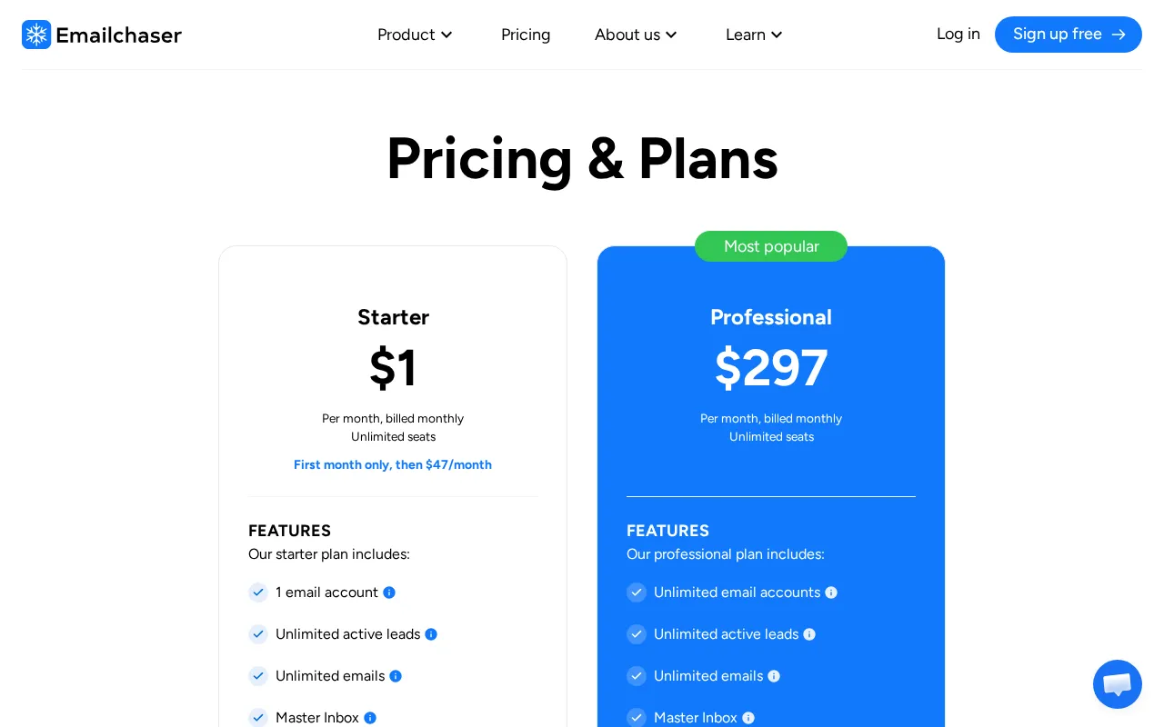 Emailchaser — pricing page