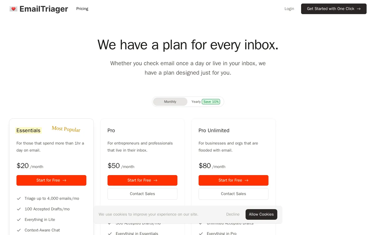 EmailTriager — pricing page