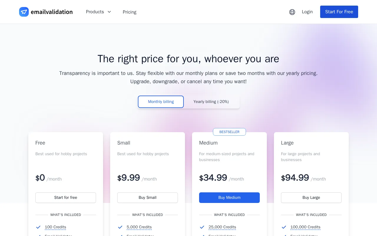 Emailvalidation — pricing page