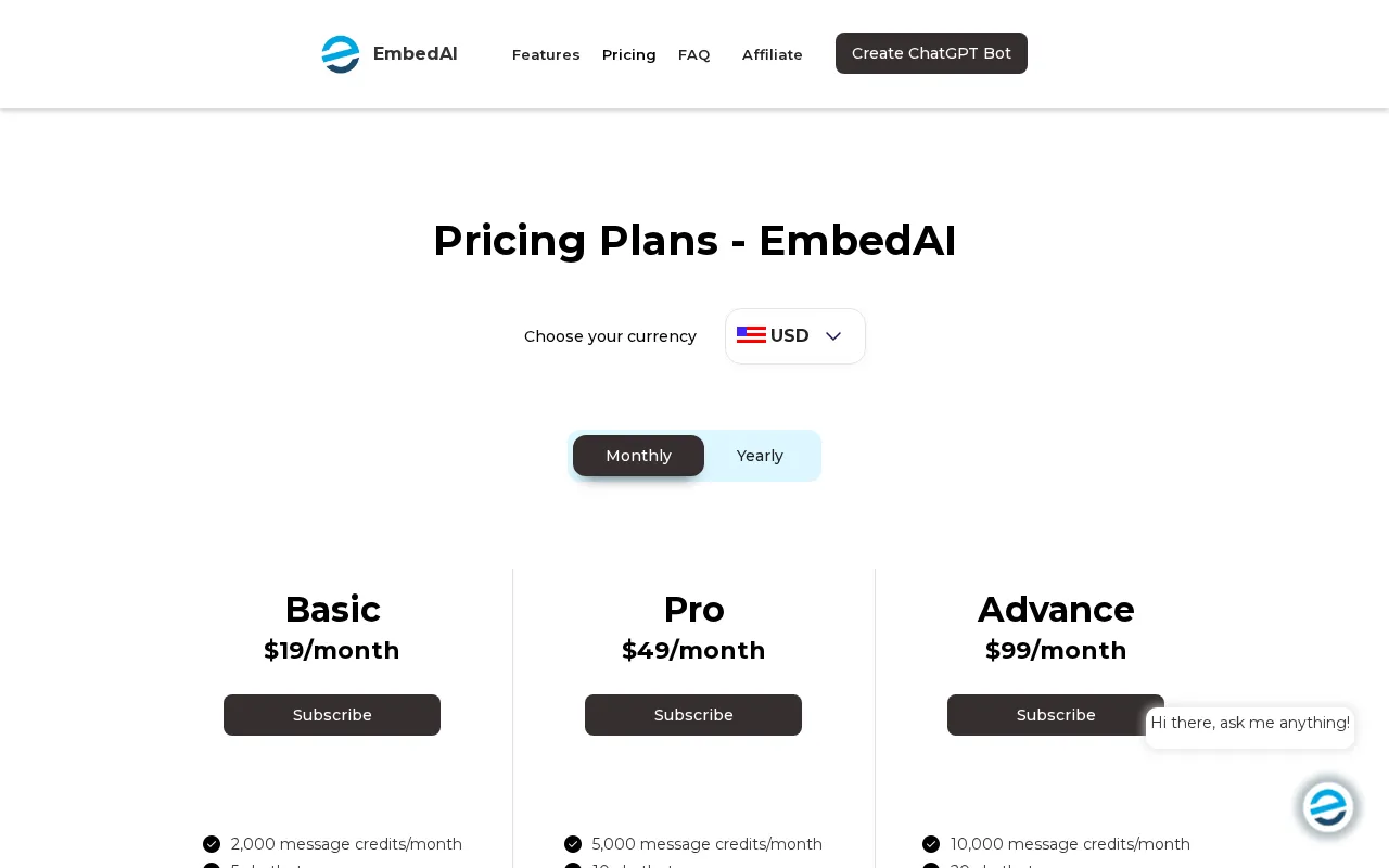 EmbedAI — pricing page