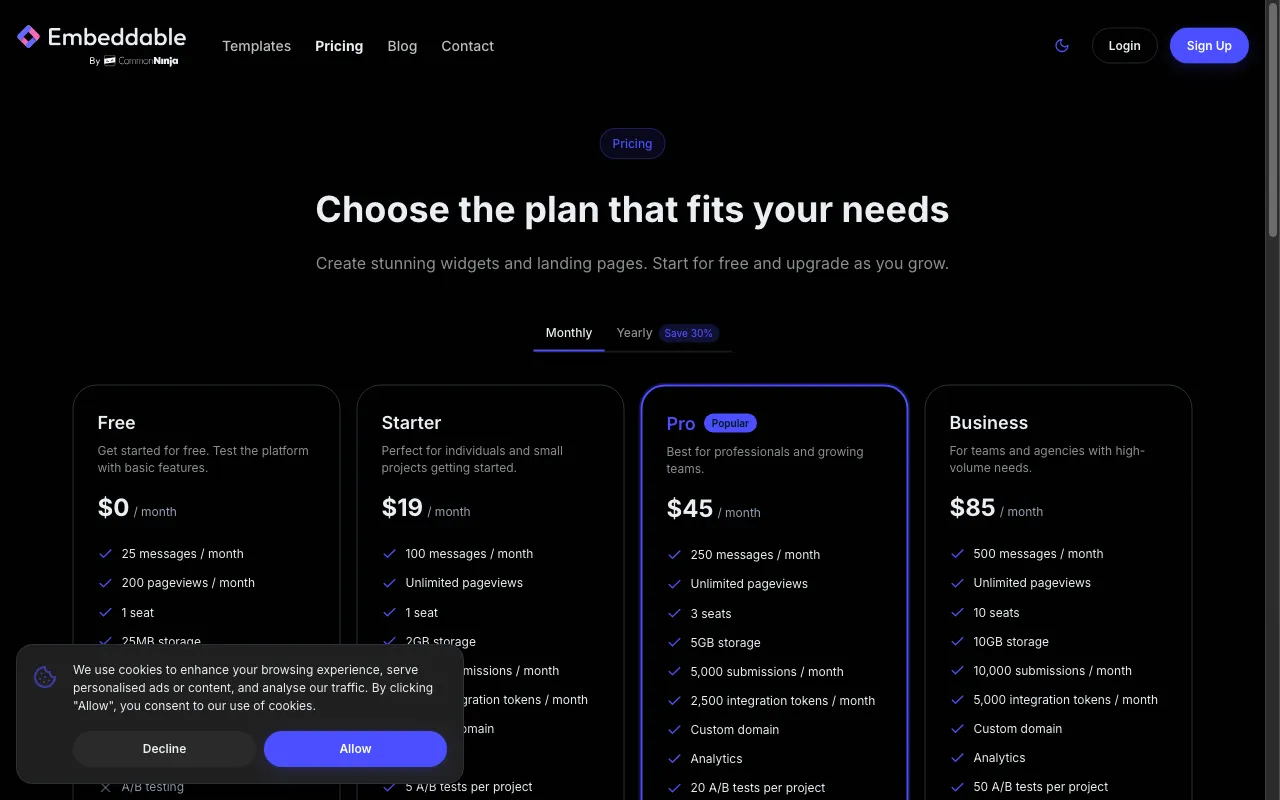 Embeddable — pricing page