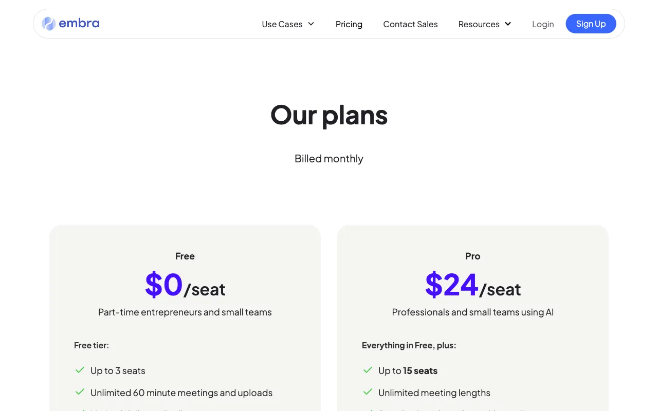 Embra — pricing page