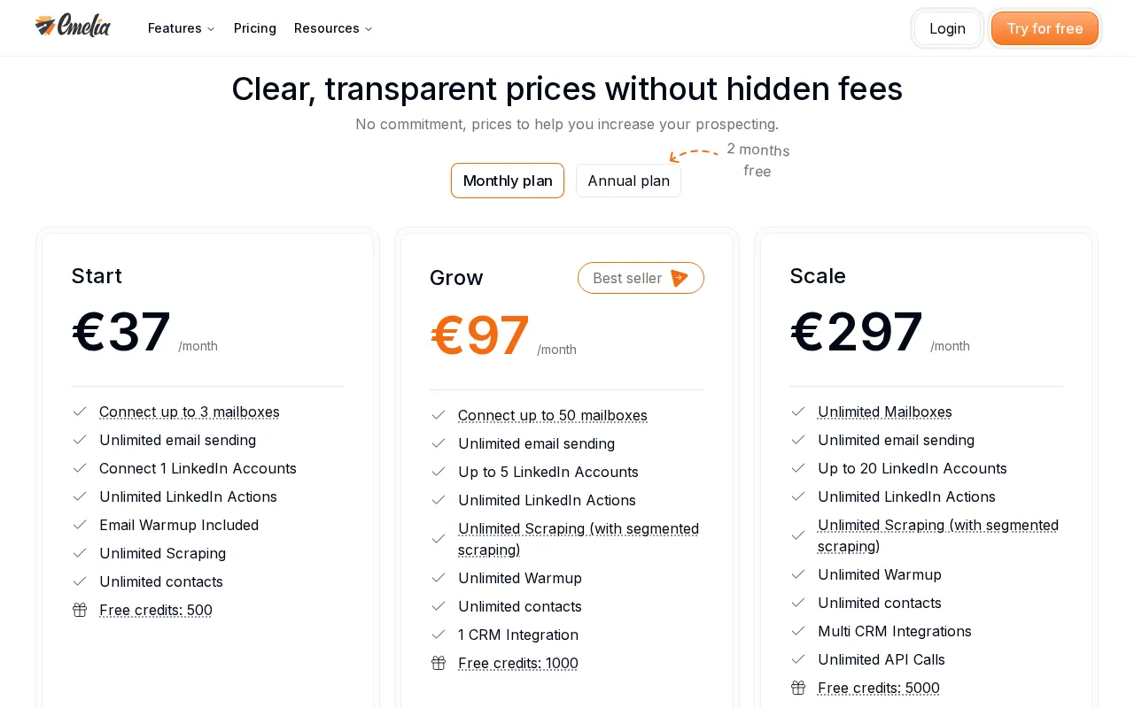 Emelia — pricing page