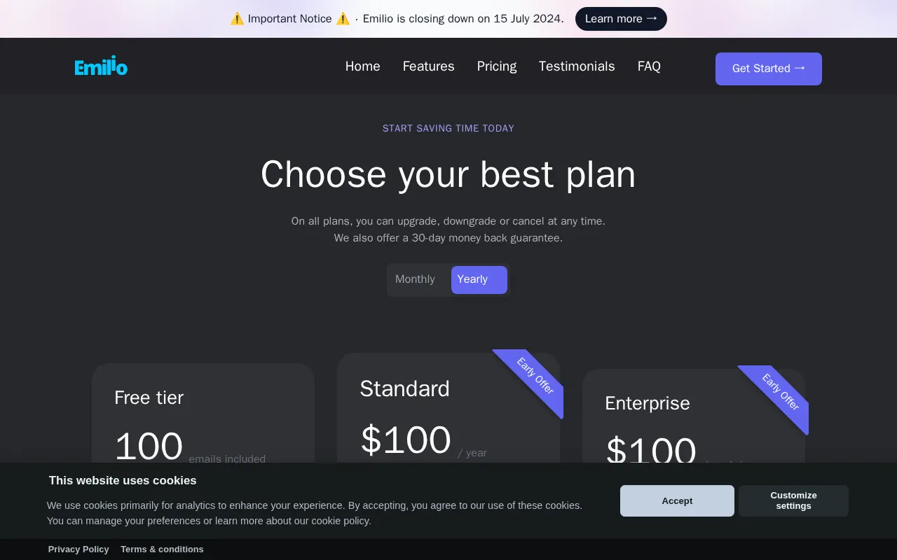 Emilio — pricing page