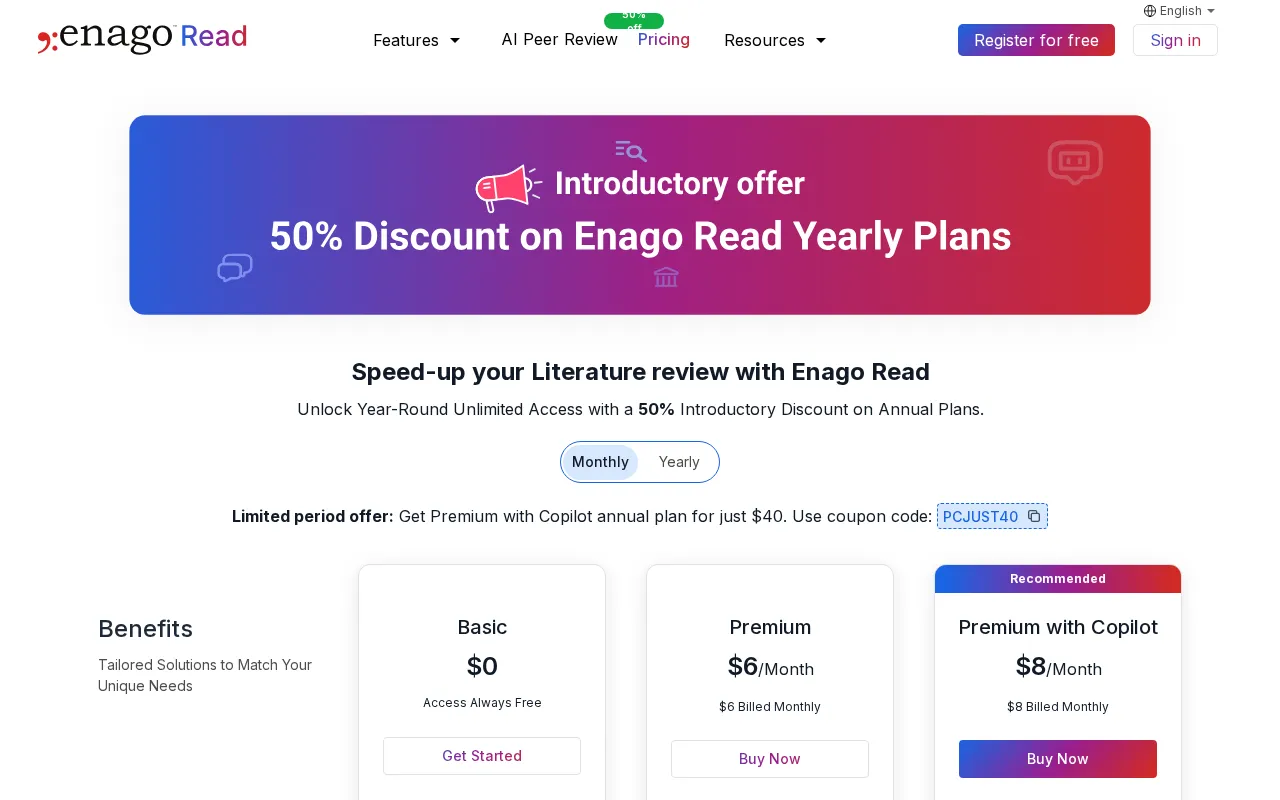 Enago Read — pricing page