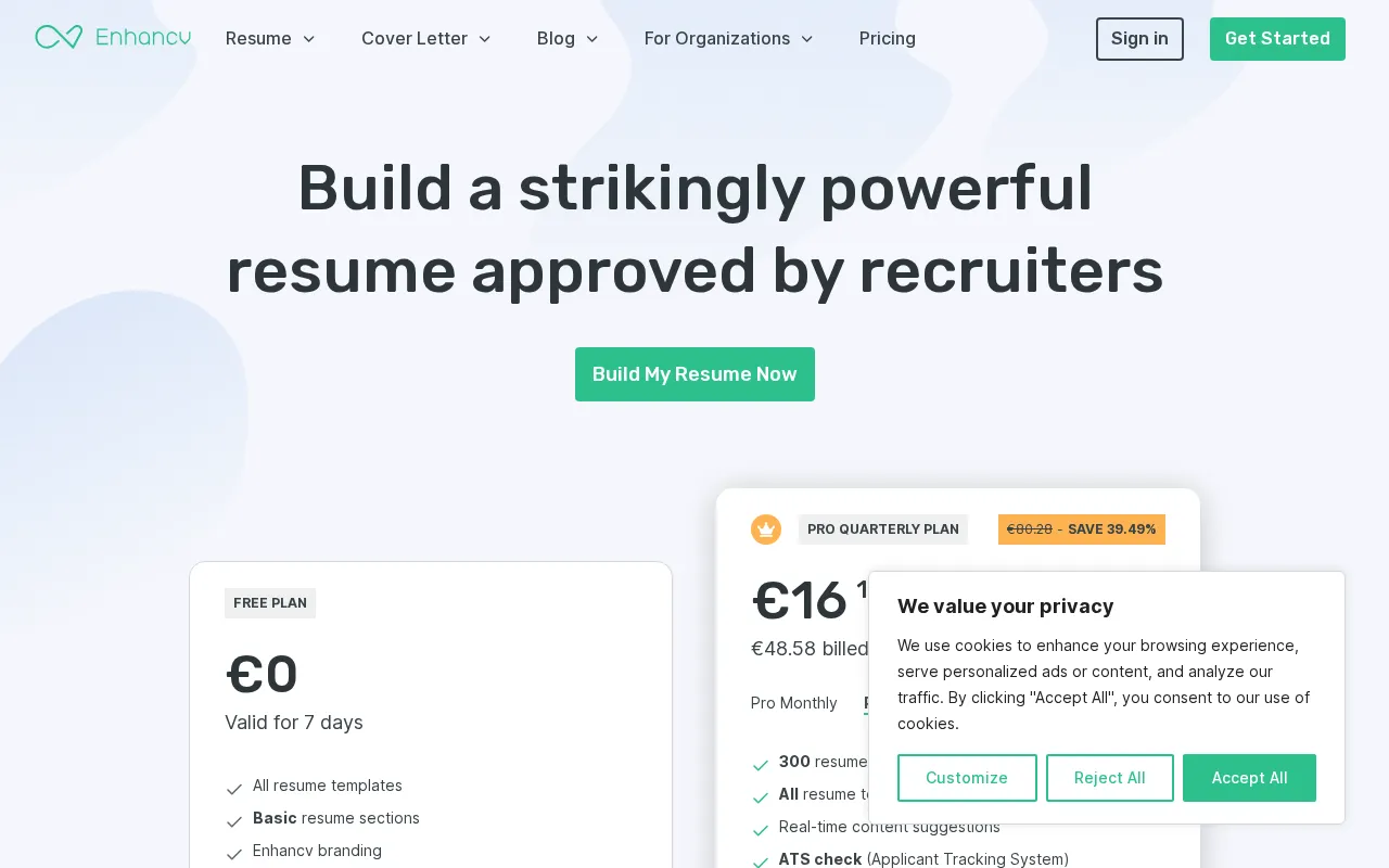 Enhancv — pricing page