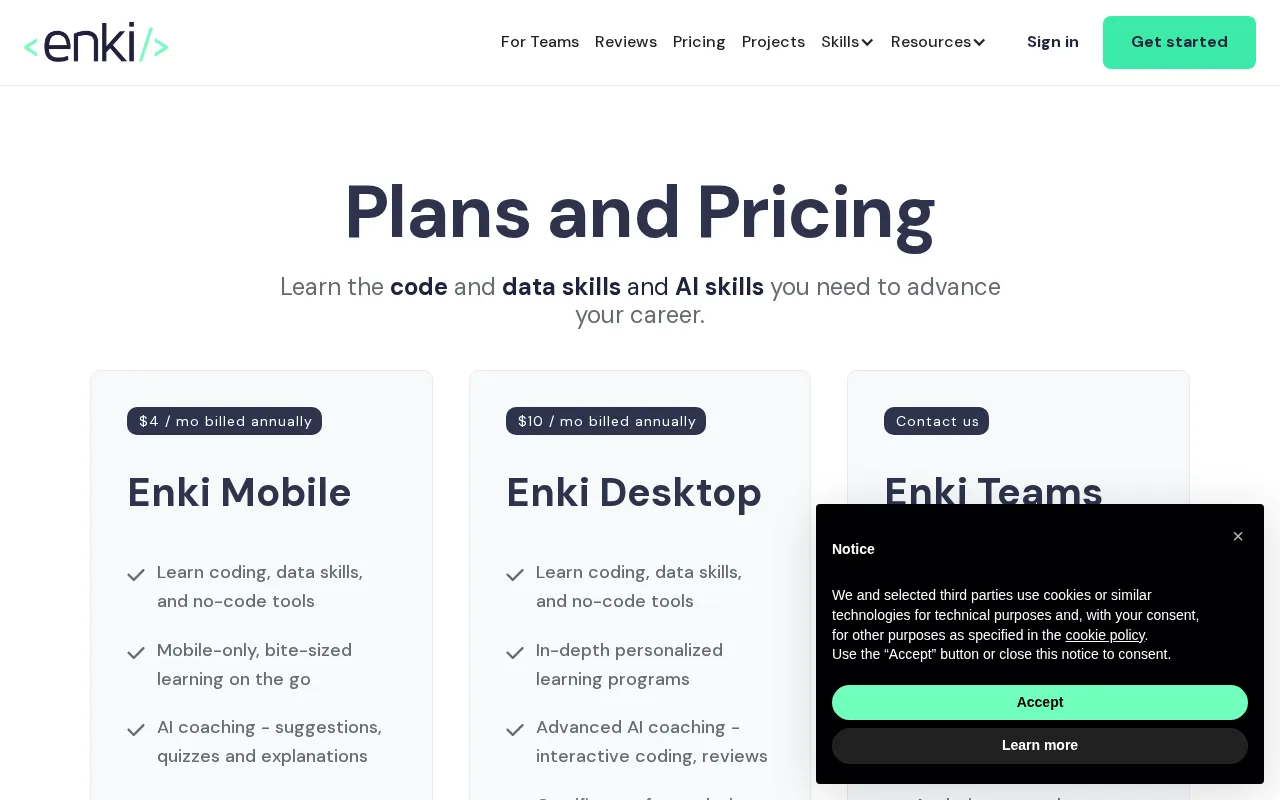 Enki — pricing page