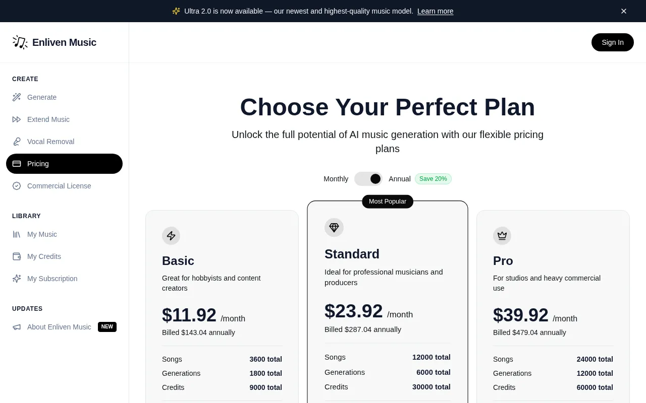 Enliven Music — pricing page