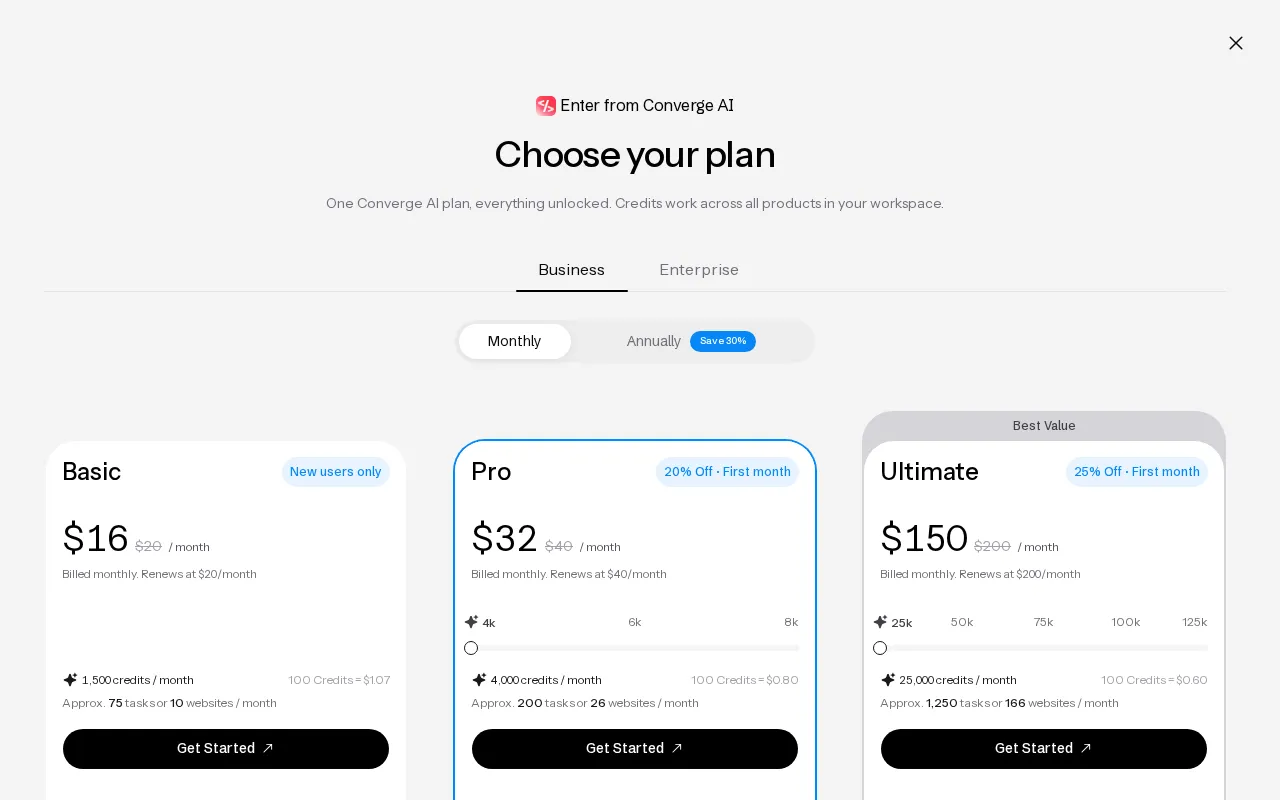 Enter — pricing page