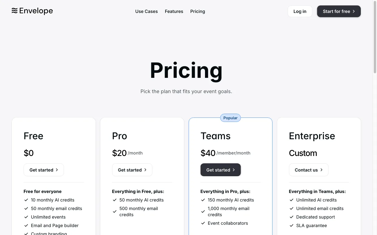 Envelope — pricing page