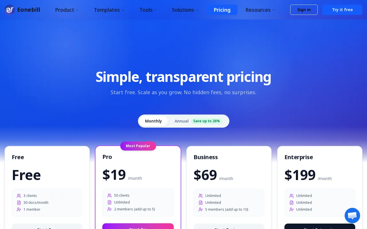 Eonebill — pricing page