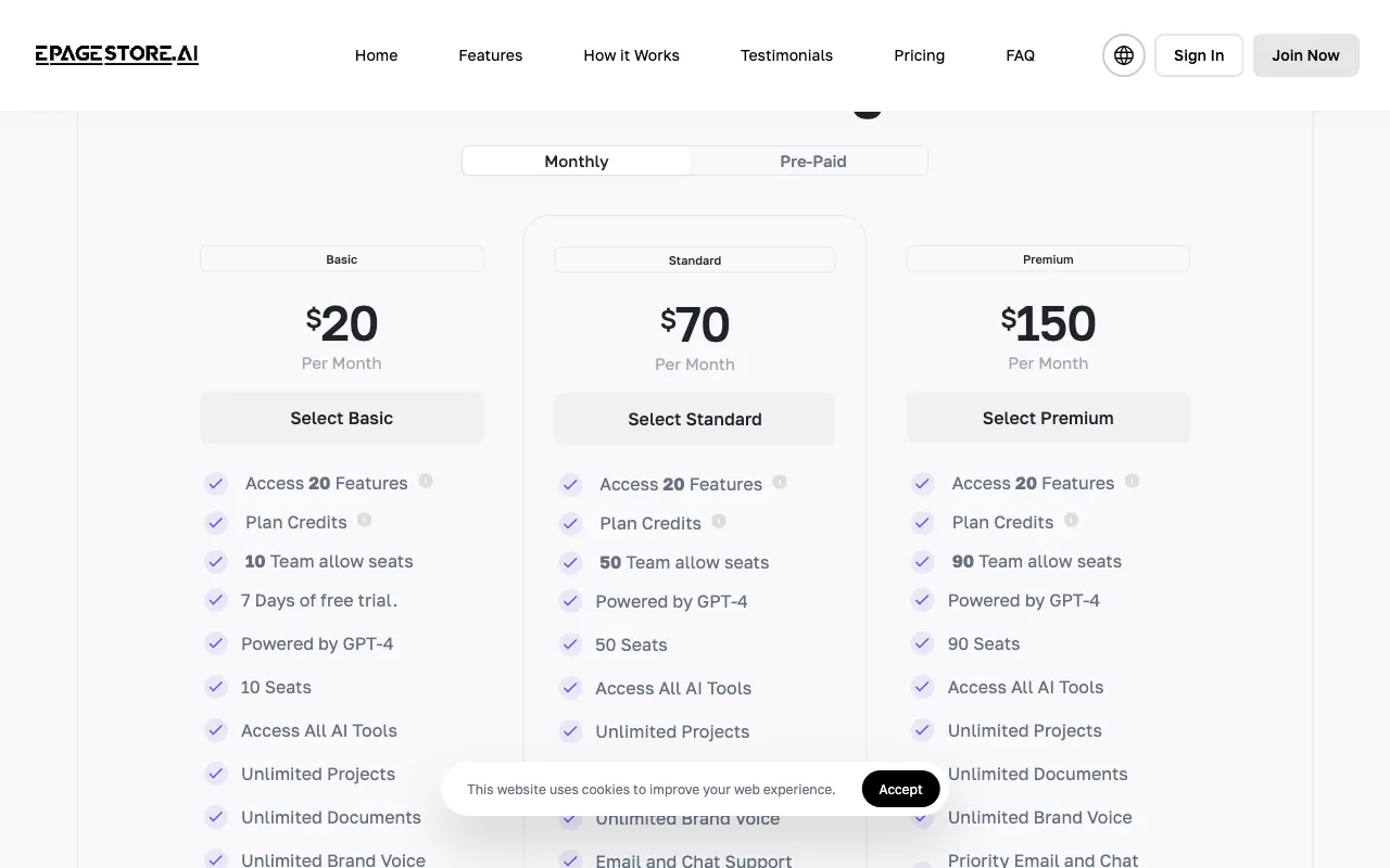 EPAGESTORE.AI — pricing page