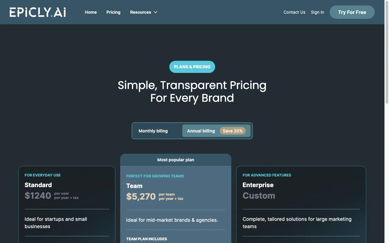 Epicly AI — pricing page