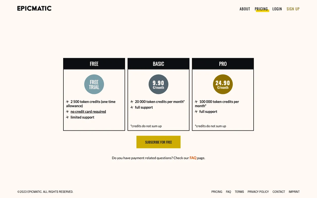 Epicmatic — pricing page