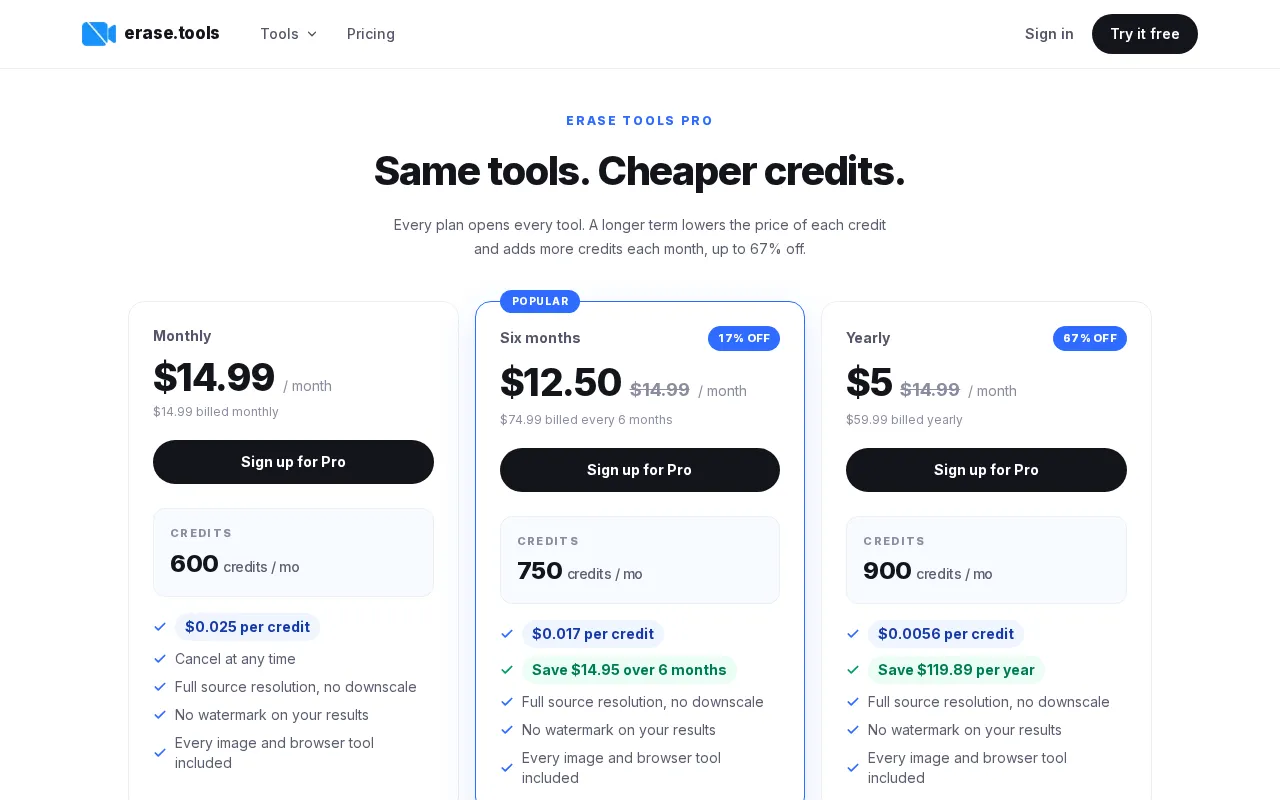 erase.tools — pricing page