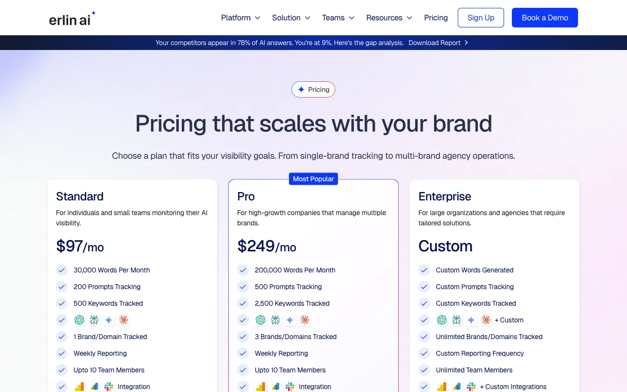 Erlin AI — pricing page