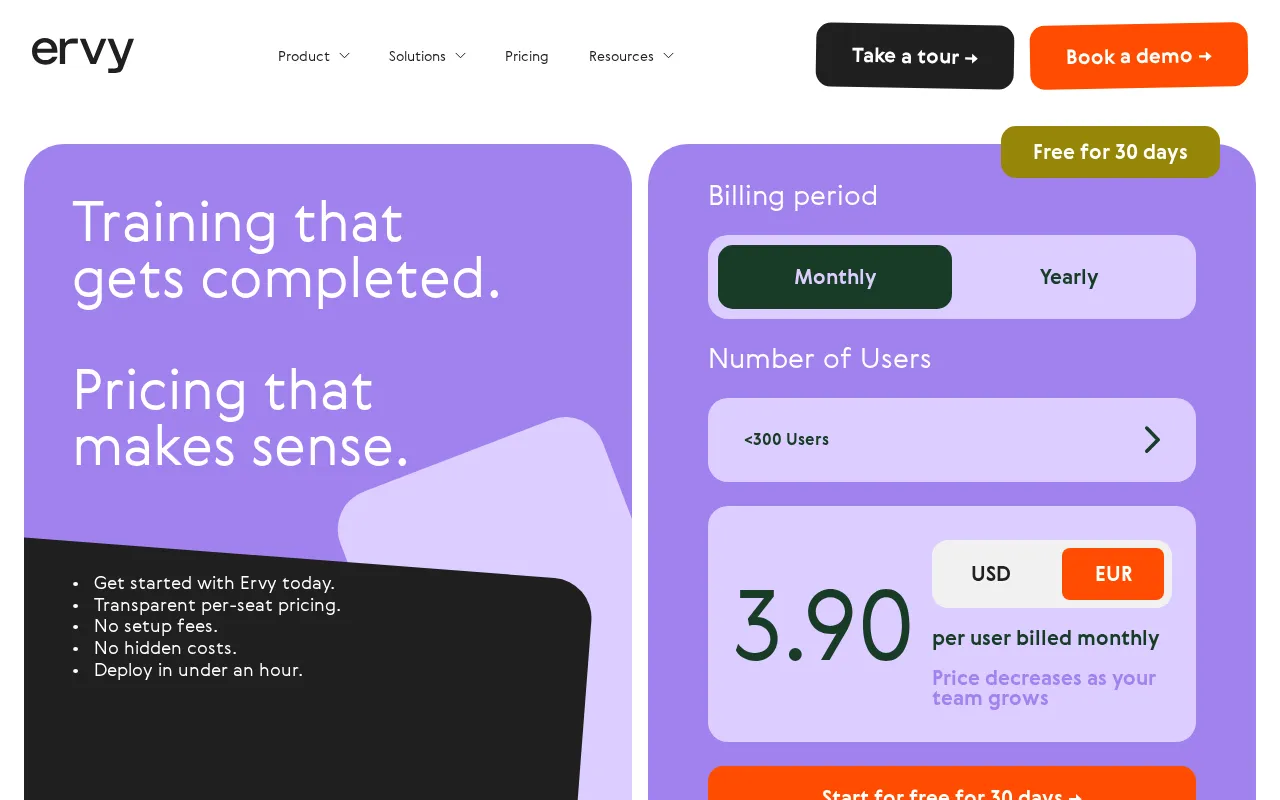 Ervy — pricing page