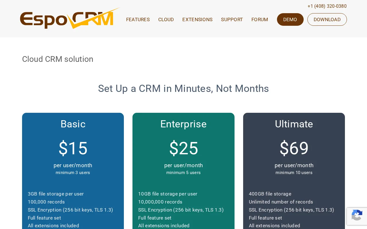 EspoCRM — pricing page