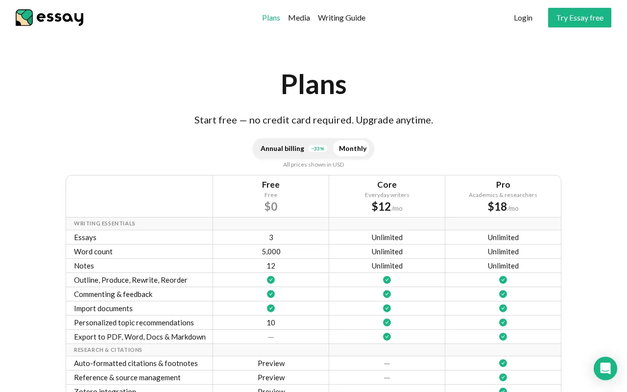 Essay.app — pricing page