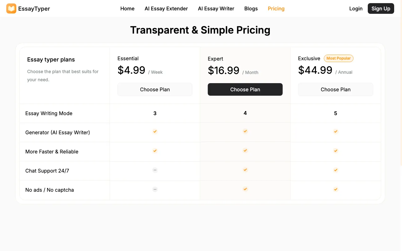 Essay Typer — pricing page