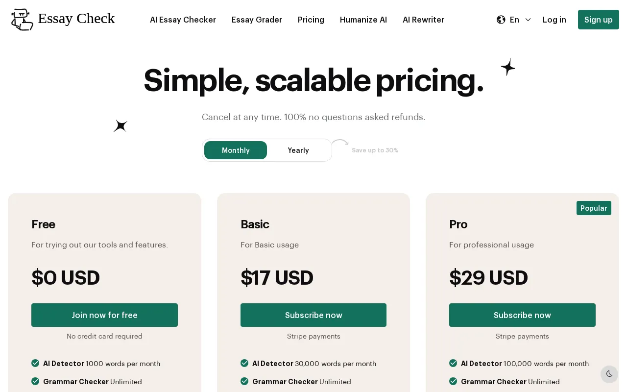 EssayCheck.ai — pricing page