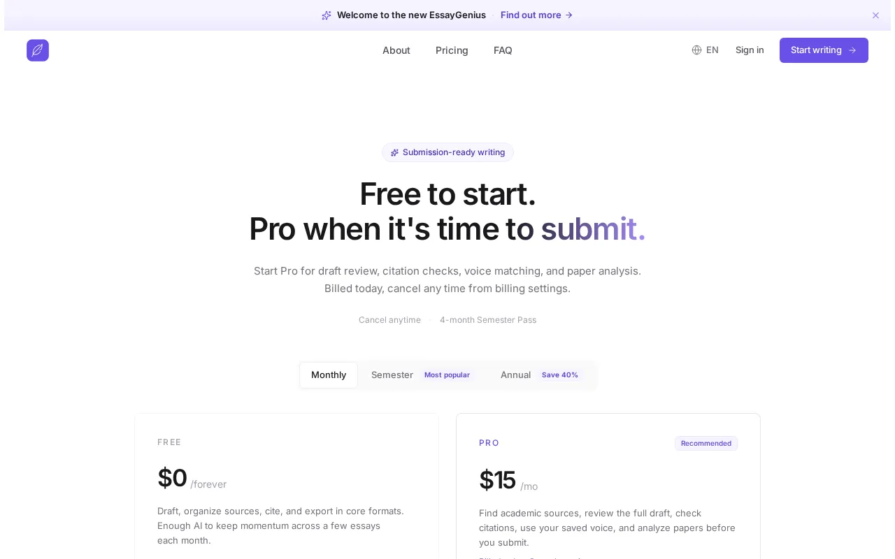 EssayGenius — pricing page