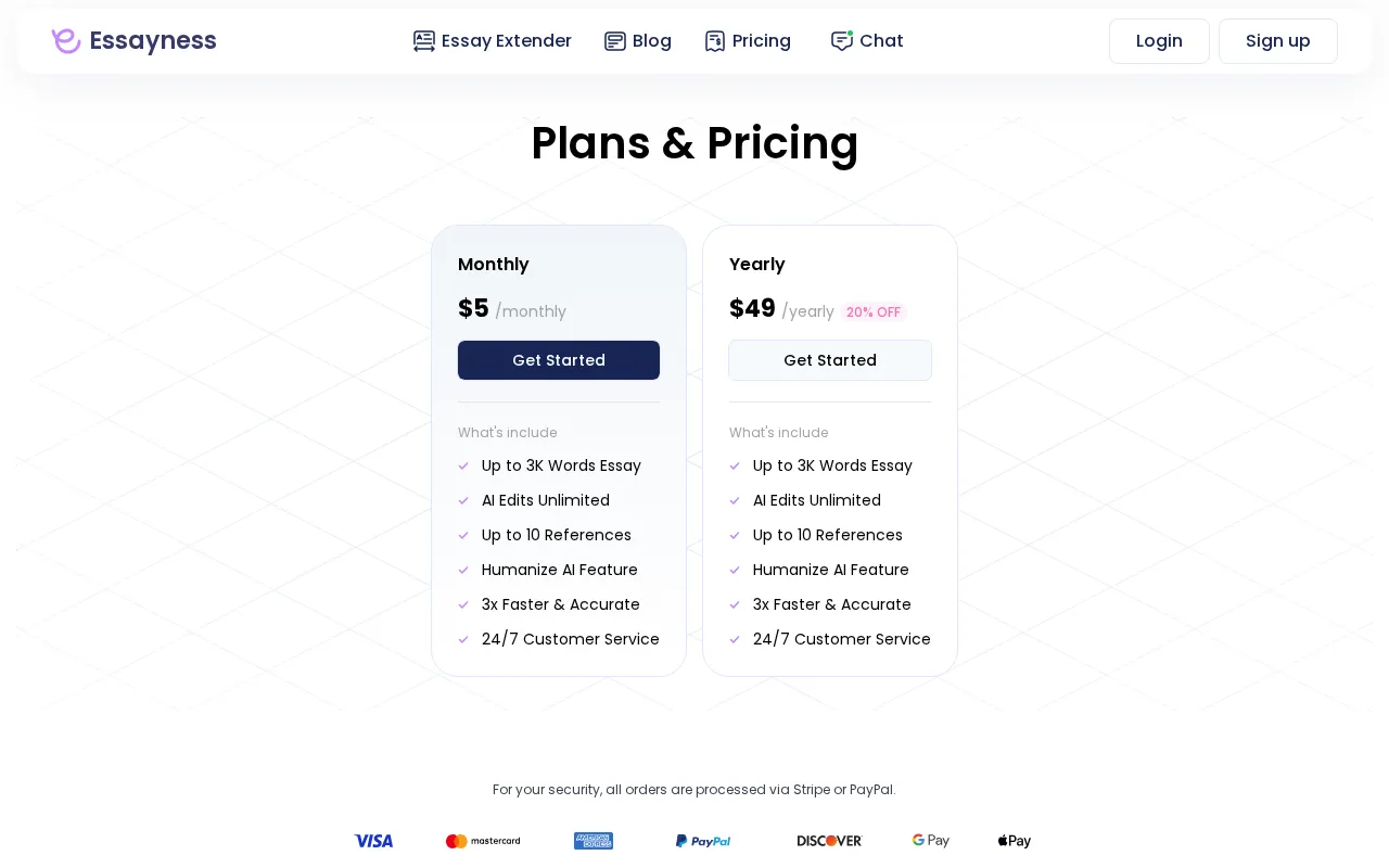 Essayness — pricing page