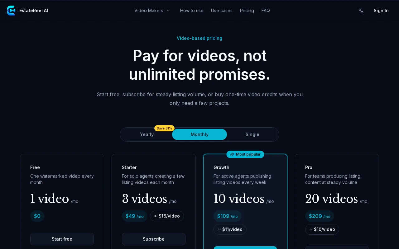 EstateReel AI — pricing page