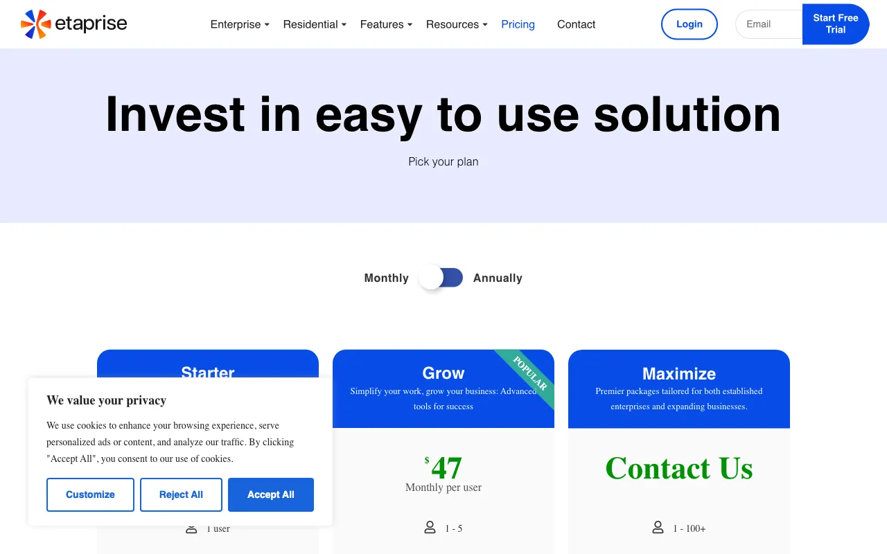 Etaprise Field Service Management — pricing page