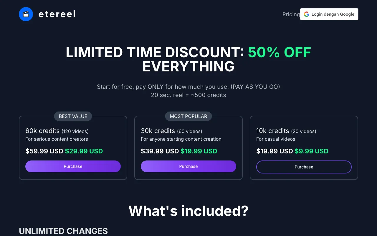 Etereel — pricing page