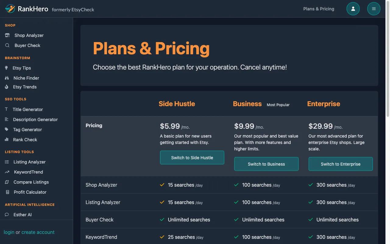 RankHero — pricing page