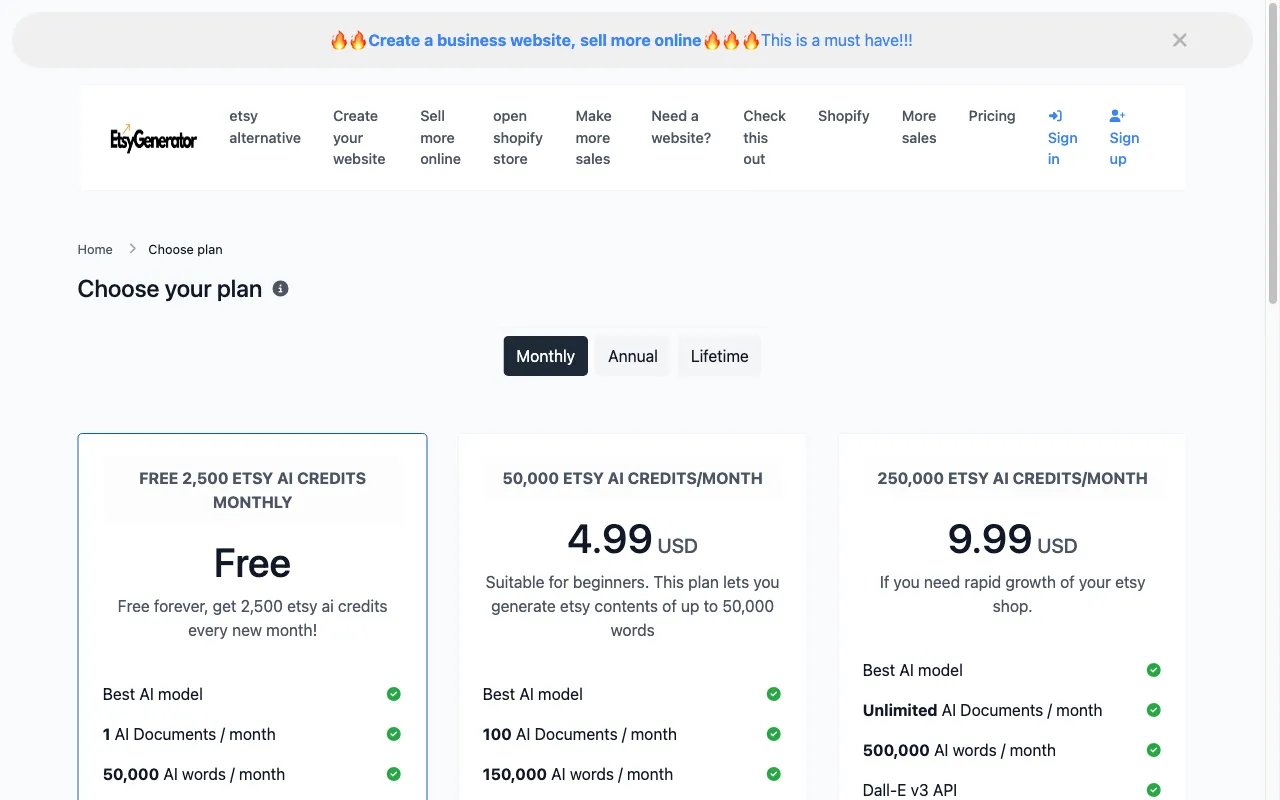 EtsyGenerator — pricing page