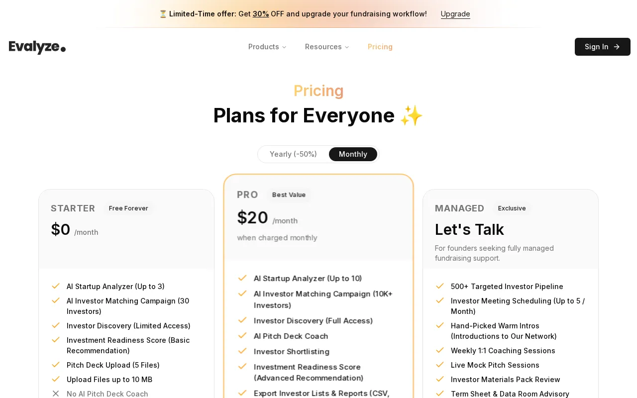 Evalyze — pricing page