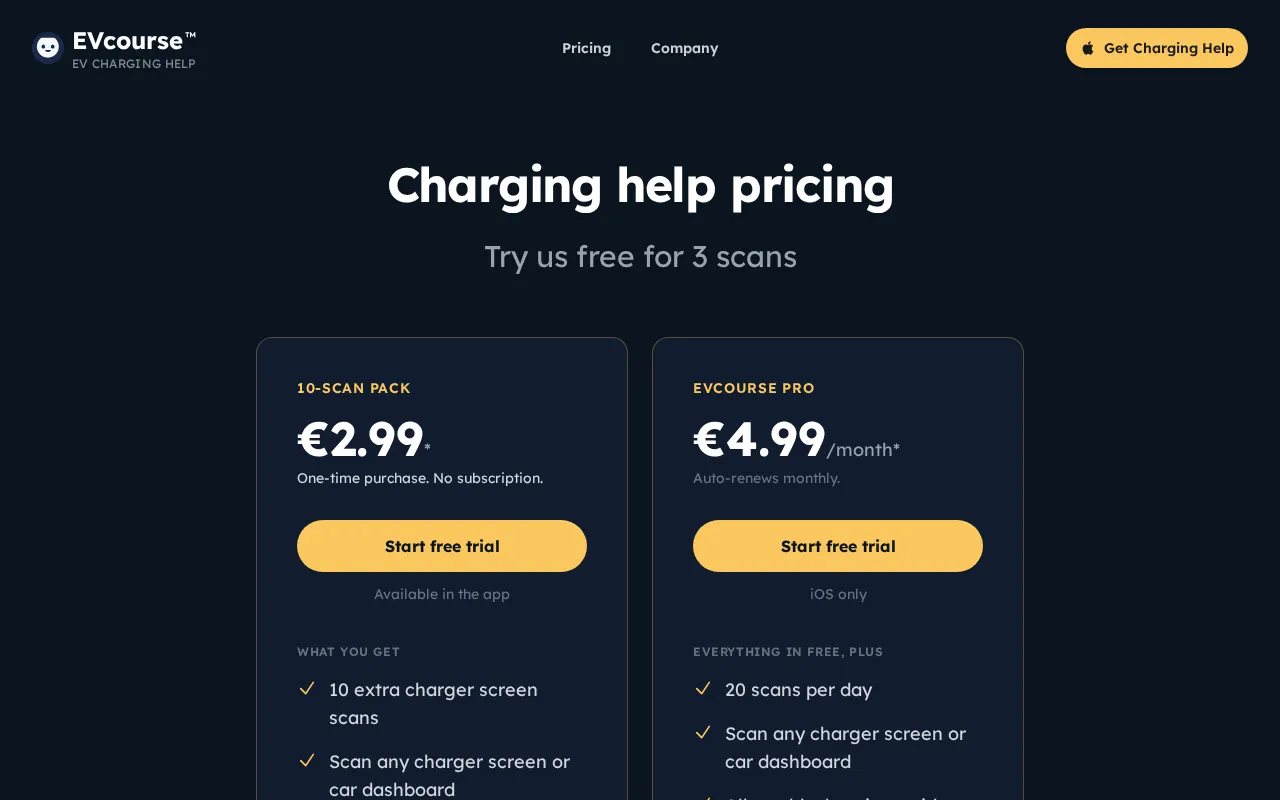 EVcourse — pricing page
