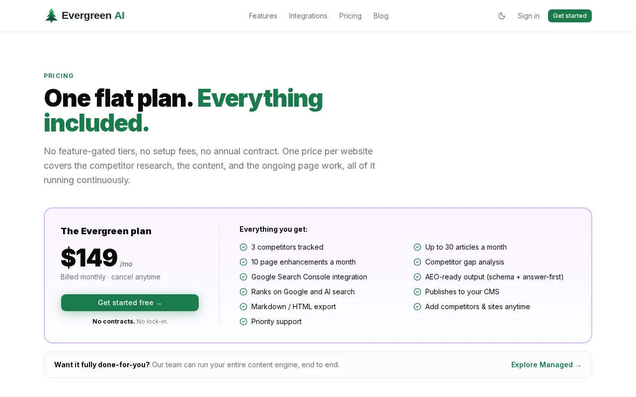 Evergreen AI — pricing page