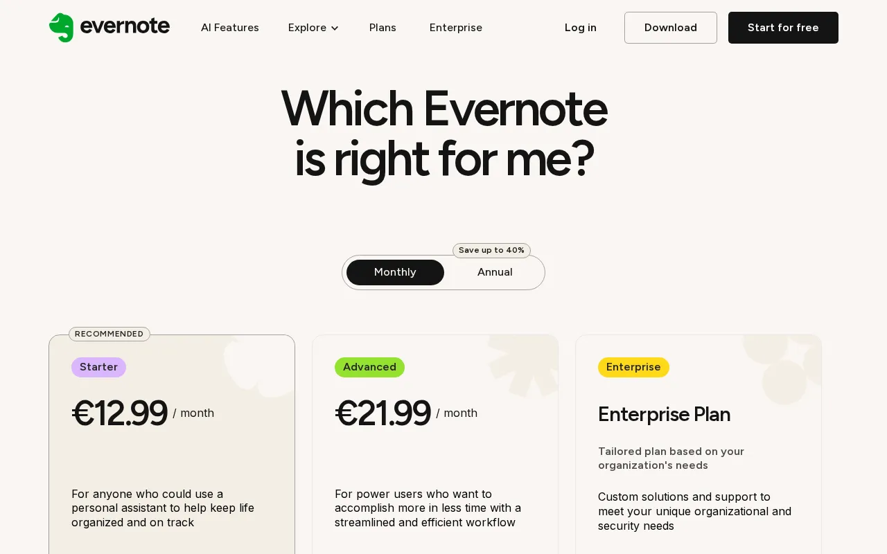 Evernote — pricing page