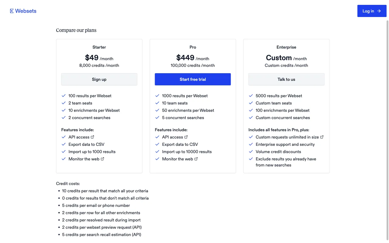 Exa Websets — pricing page
