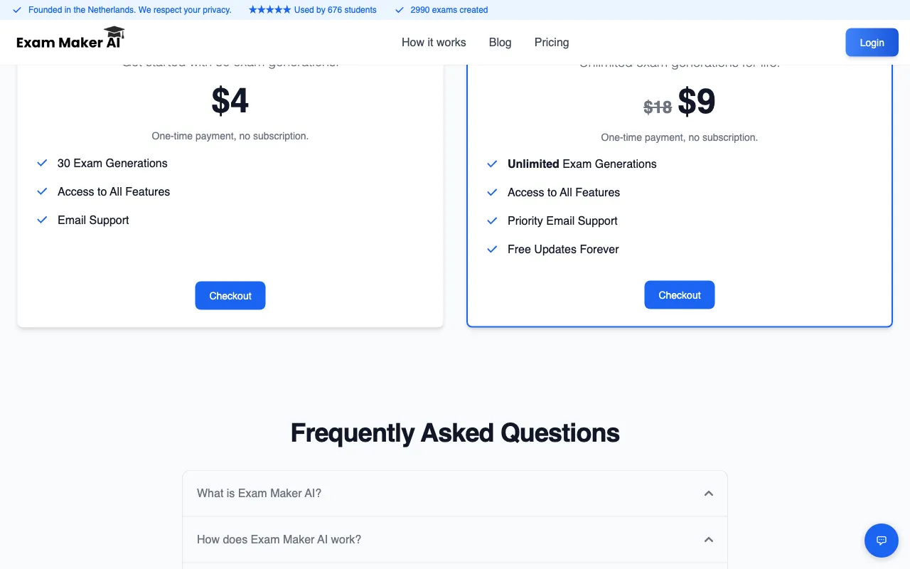 Exam Maker AI — pricing page