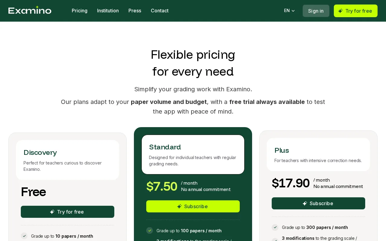 Examino — pricing page
