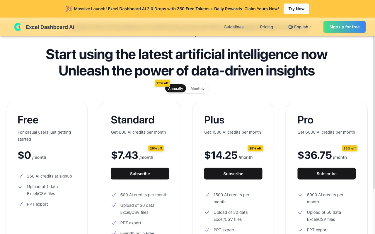 ExcelDashboard Ai — pricing page