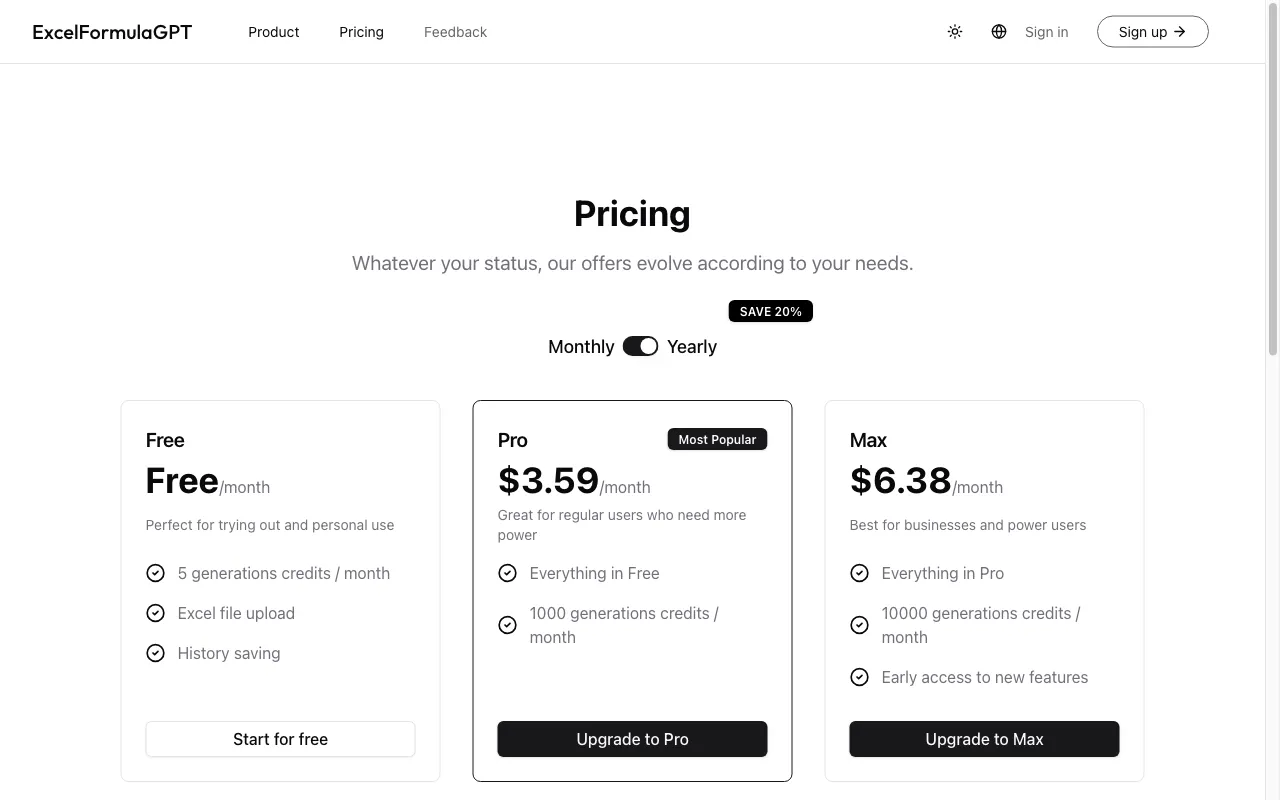 excelformulagpt.com — pricing page