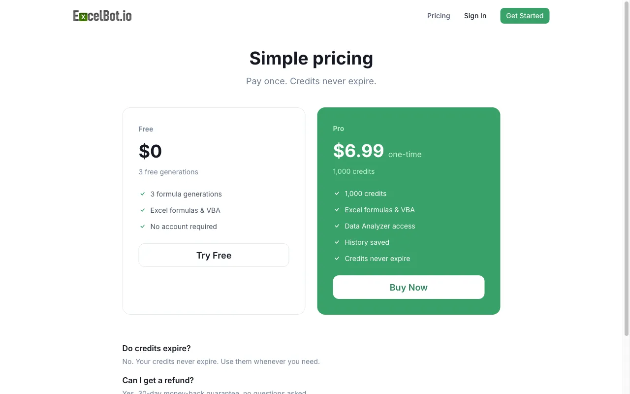 ExcelBot — pricing page