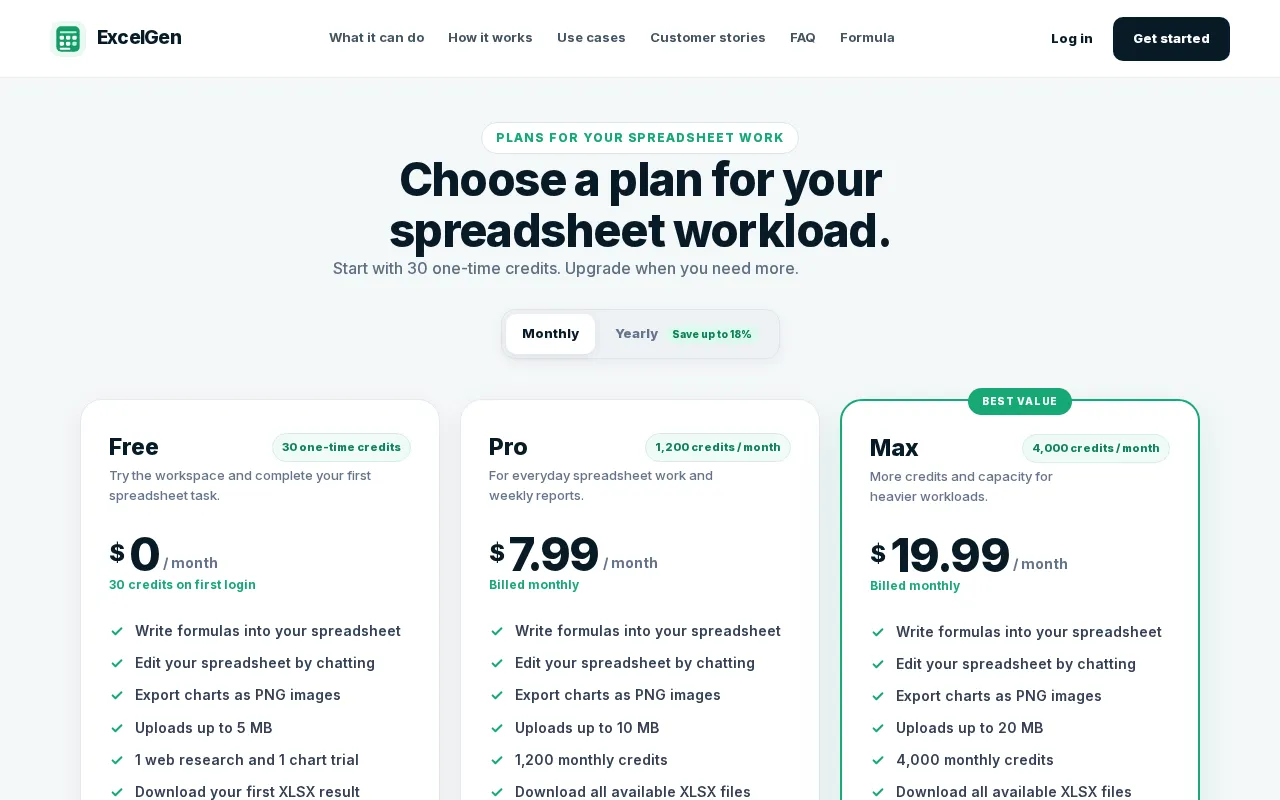 ExcelGen — pricing page