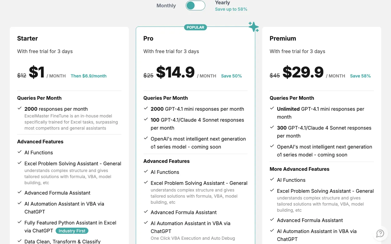 ExcelMaster.ai — pricing page